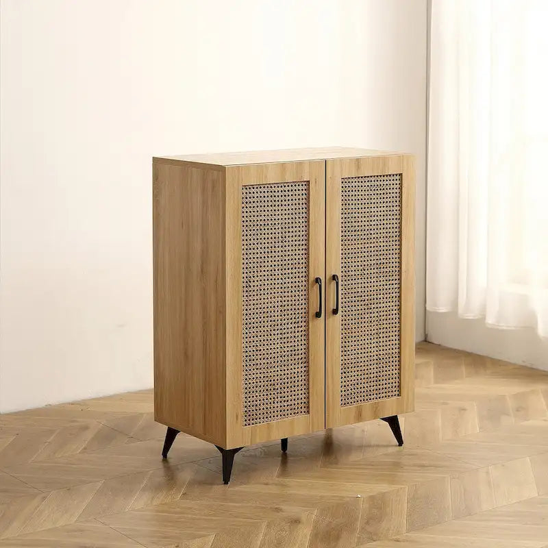 Meuble à chaussures à double porte avec maille en rotin, grand espace de rangement et structure durable
