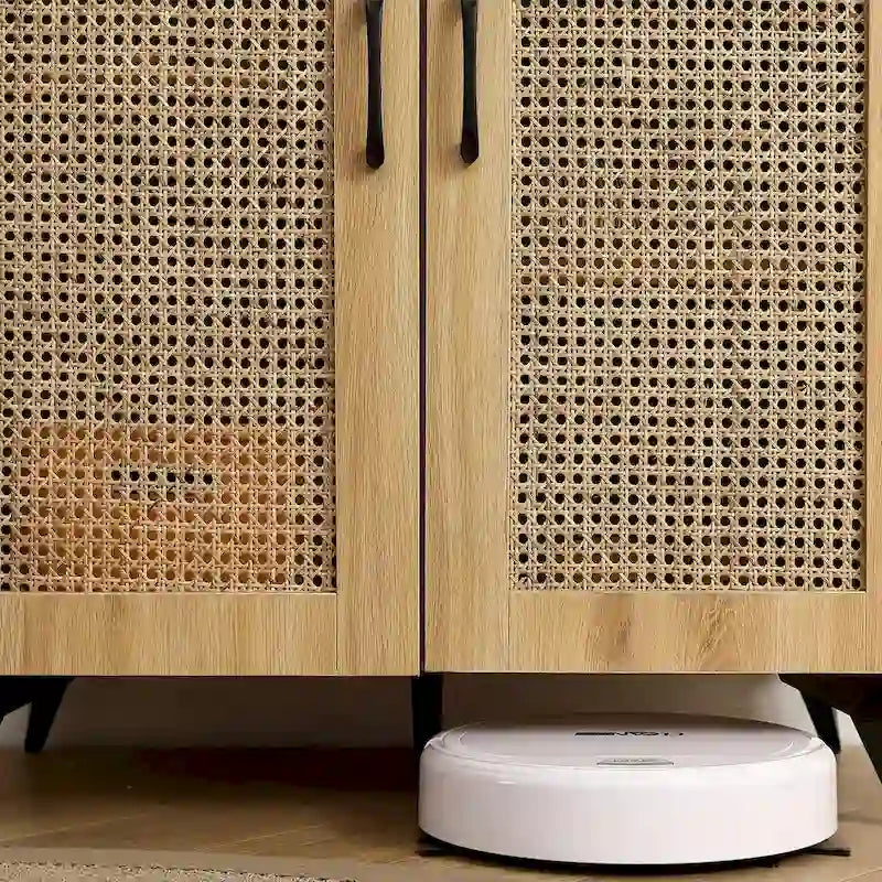 Meuble à chaussures à double porte avec maille en rotin, grand espace de rangement et structure durable