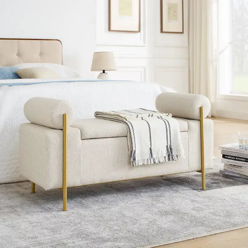 Elegante gepolsterte Stauraumbank aus Leinen mit zylindrischen Armlehnen und Eisenbeinen für Flur, Wohn- oder Schlafzimmer, Beige