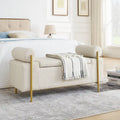 Elegante gepolsterte Stauraumbank aus Leinen mit zylindrischen Armlehnen und Eisenbeinen für Flur, Wohn- oder Schlafzimmer, Beige