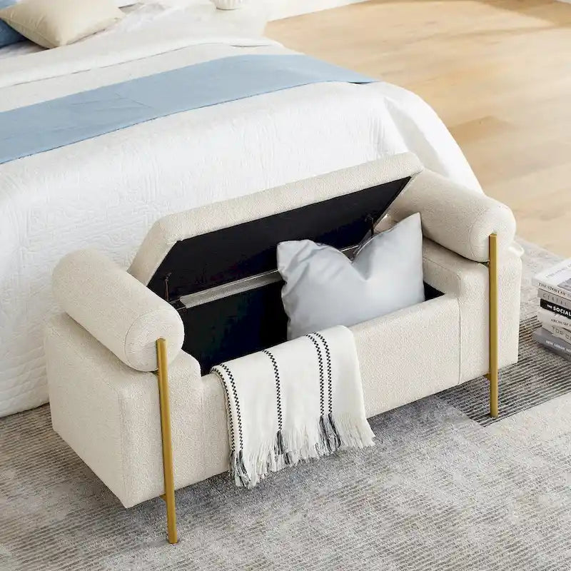Elegante gepolsterte Stauraumbank aus Leinen mit zylindrischen Armlehnen und Eisenbeinen für Flur, Wohn- oder Schlafzimmer, Beige