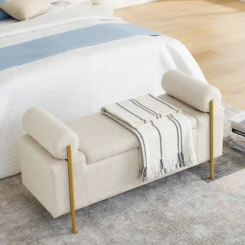 Elegante gepolsterte Stauraumbank aus Leinen mit zylindrischen Armlehnen und Eisenbeinen für Flur, Wohn- oder Schlafzimmer, Beige