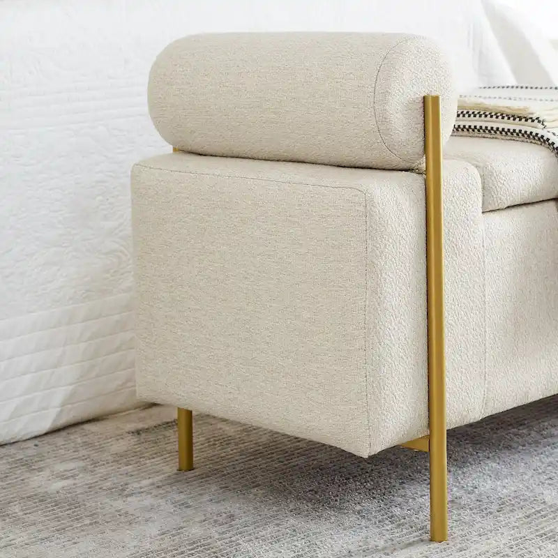 Elegante gepolsterte Stauraumbank aus Leinen mit zylindrischen Armlehnen und Eisenbeinen für Flur, Wohn- oder Schlafzimmer, Beige