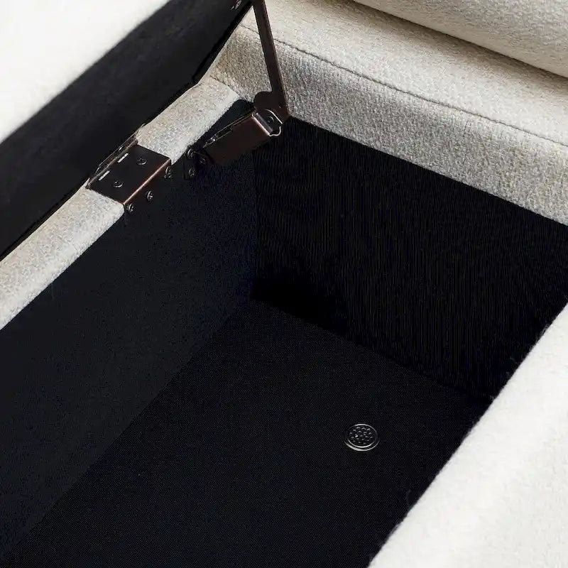 Elegante gepolsterte Stauraumbank aus Leinen mit zylindrischen Armlehnen und Eisenbeinen für Flur, Wohn- oder Schlafzimmer, Beige
