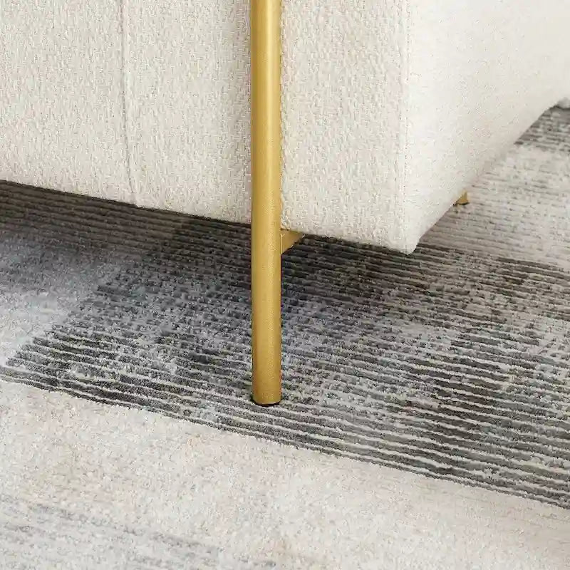 Elegante gepolsterte Stauraumbank aus Leinen mit zylindrischen Armlehnen und Eisenbeinen für Flur, Wohn- oder Schlafzimmer, Beige
