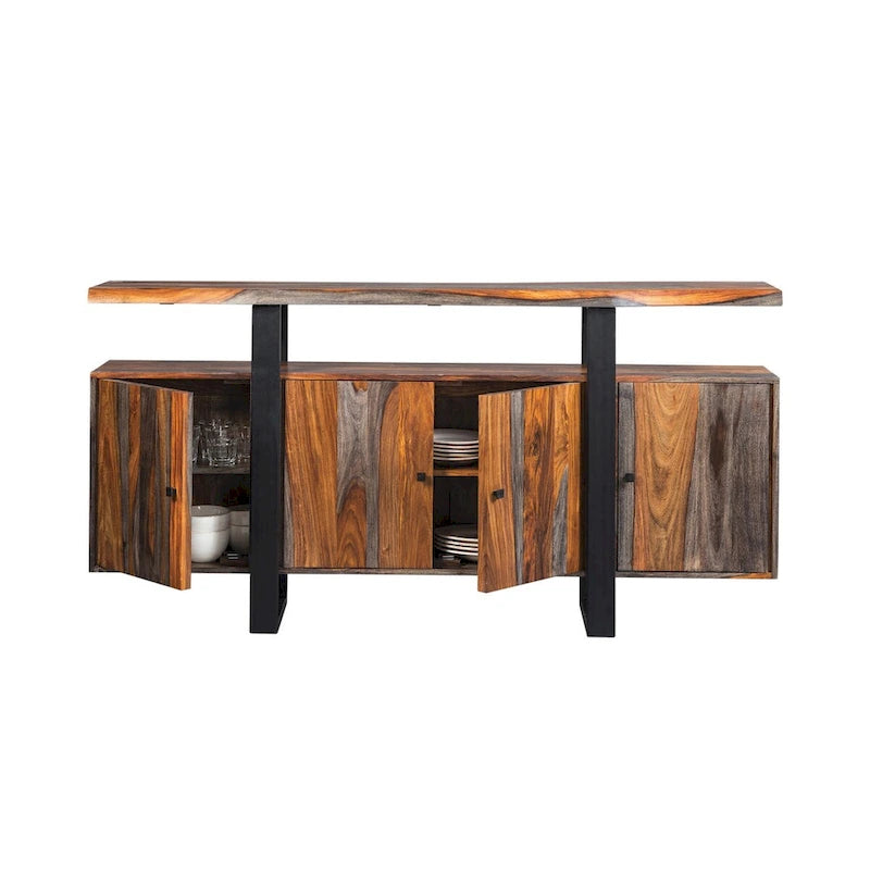 Viertüriges Sideboard aus grauem Sheesham-Holz und schwarzem Holz