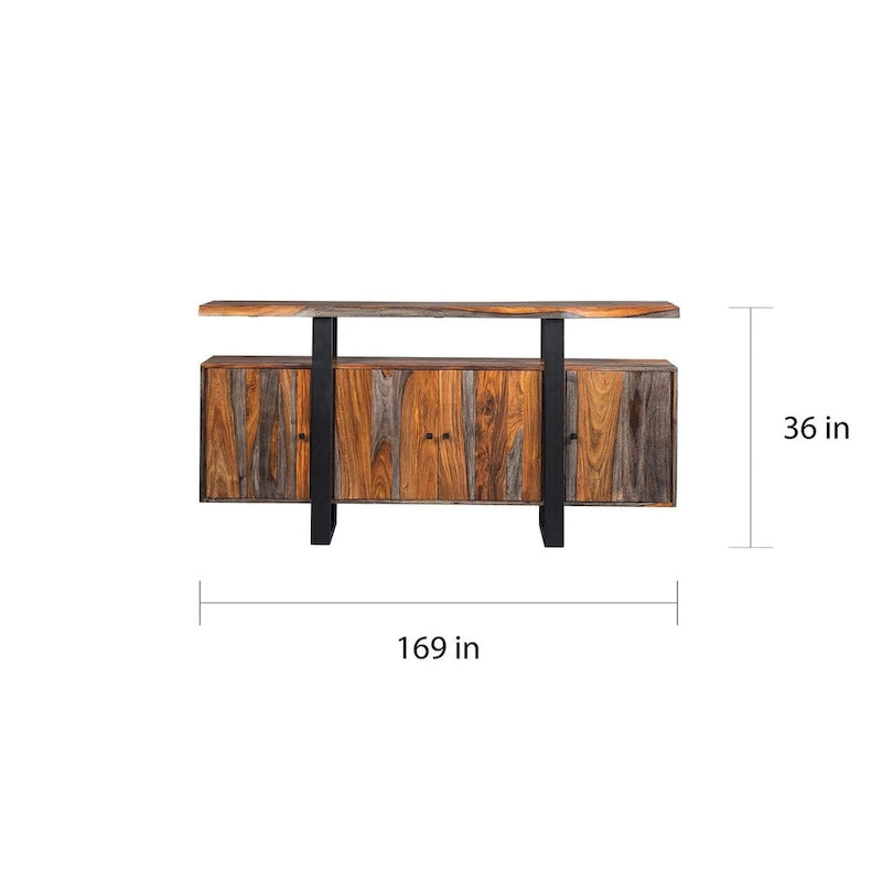 Viertüriges Sideboard aus grauem Sheesham-Holz und schwarzem Holz