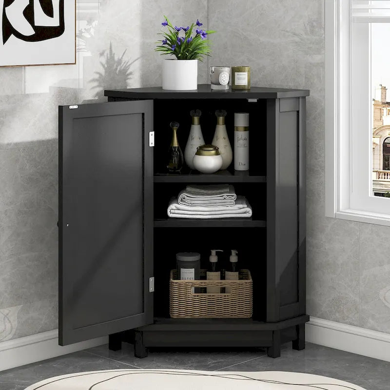 Armoire de salle de bain noire d’angle triangulaire avec étagère réglable, style moderne, panneau MDF