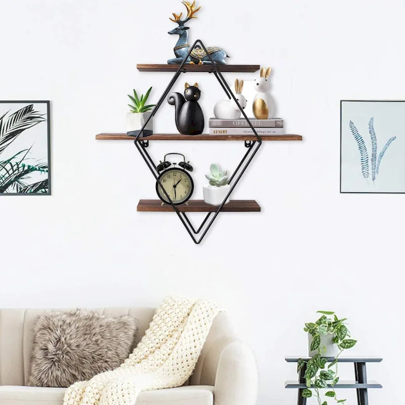 3Tier Metal Wall Shelves in Geometric Diamond for Home Display Storage