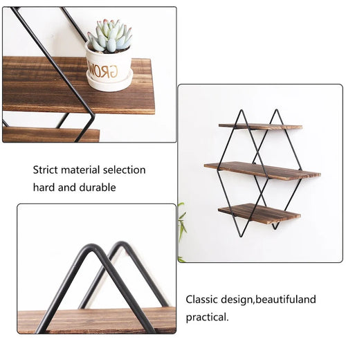 Estantes metálicos de pared de 3 niveles con diseño geométrico de rombos para exhibir y almacenar en el hogar