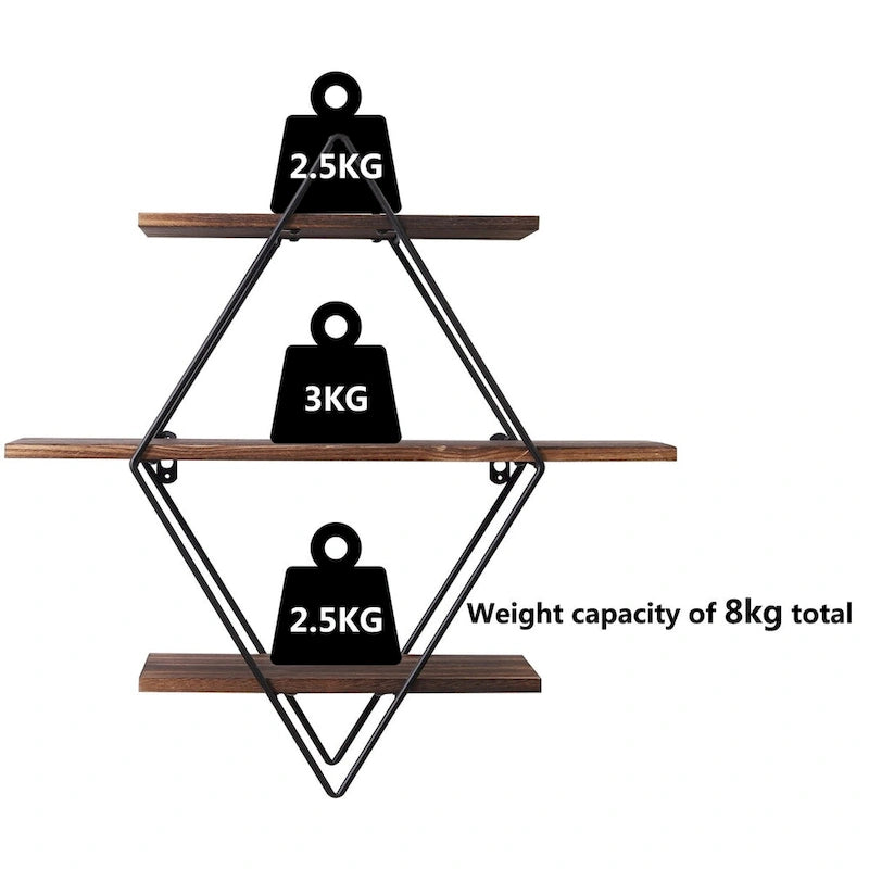 3-stufige Metall-Wandregale in geometrischer Rautenform zur Präsentation und Aufbewahrung zu Hause
