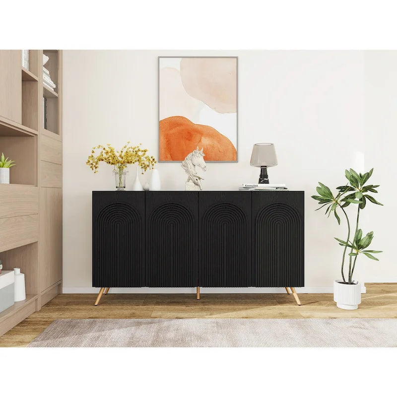 Buffet à 4 portes avec sculptures 3D en arc, meuble buffet avec rangement, meuble bar moderne avec étagère réglable