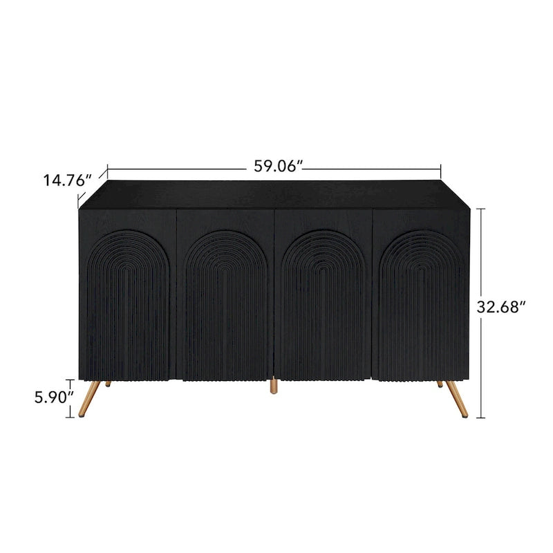 Buffet à 4 portes avec sculptures 3D en arc, meuble buffet avec rangement, meuble bar moderne avec étagère réglable